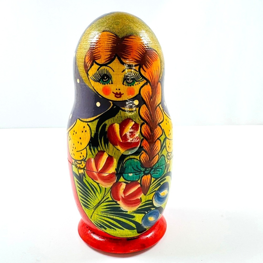 VTG Russian Babushka Matryoshka Long Hair Nesting Dolls Hand Painted Wood 5 Pc